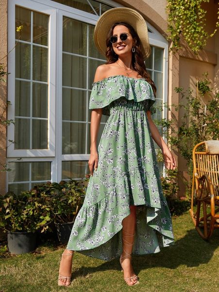 

off shoulder floral print ruffle high low hem dress y9cb#, Black;gray