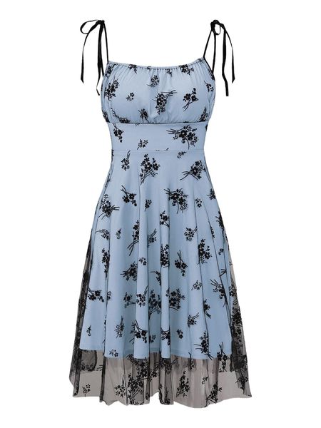 

floral mesh overlay tie shoulder cami dress w312#, Black;gray