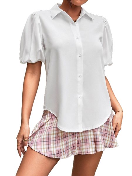 

puff sleeve curved hem shirt v4en#, White