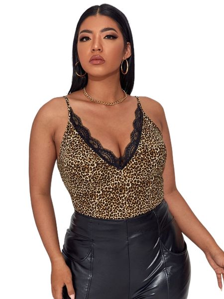 

plus lace trim leopard cami k9me#, Black