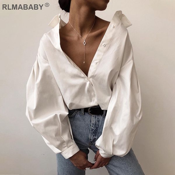 

casual loose women blouse shirt single-breasted turndown collar lantern sleeve office lady blouse autumn street white blouse top