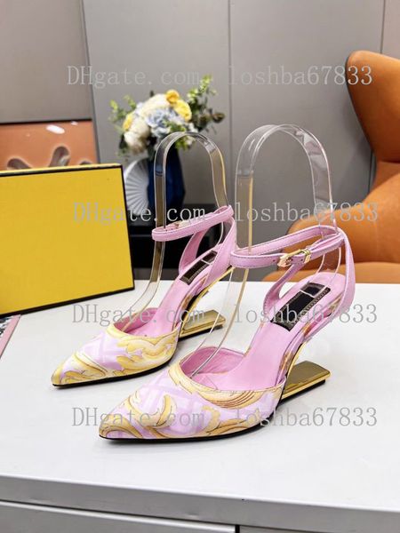 United Women's Designer Sandals Fashion Color Impressão de couro pontiagudo de metal salto alto 9cm Luxury Walk Shoes Party Wedding Shoes Tamanho 35-42