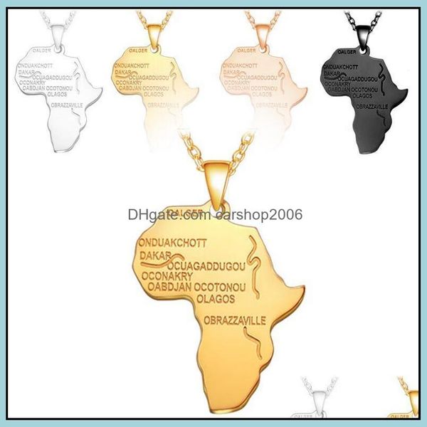 Colares pendentes pingentes j￳ias Hip Hop Africa Map Men Men Sier Rose Gold Gold Black Lettering African Charm Link Chain for Women Drop
