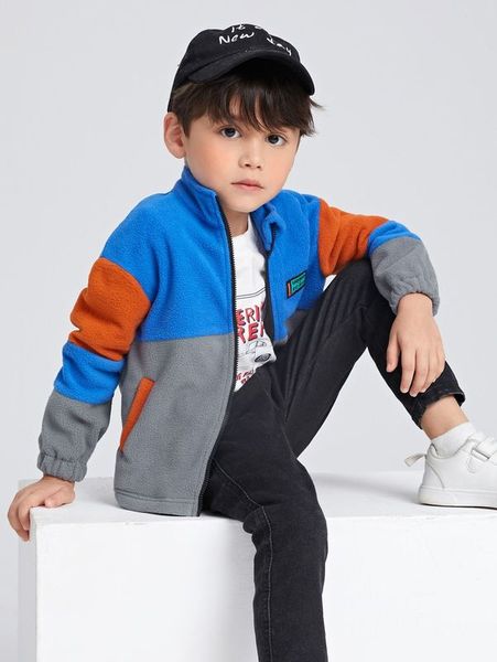 

toddler boys patch detail drop shoulder colorblock fleece jacket she, Blue;gray