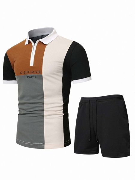 

men slogan graphic colorblock polo shirt & shorts q1kn#, Gray