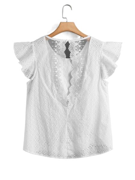 

plus eyelet embroidery ruffle trim blouse r86k#, Black