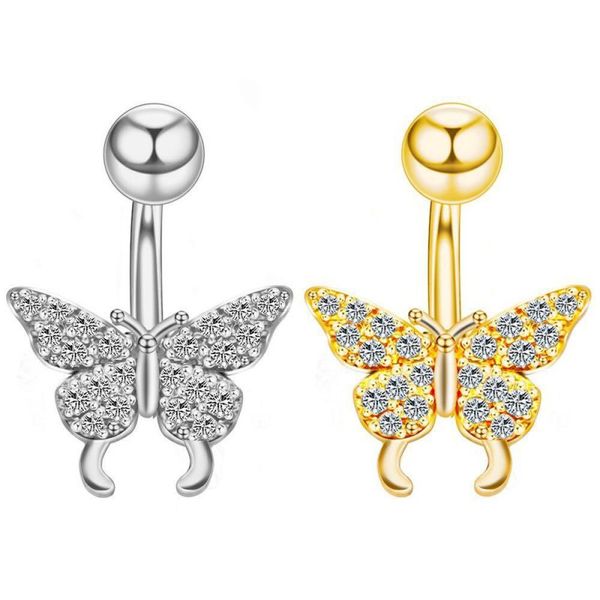 

butterfly navel ring zircon insect stainless steel bell button rings for women body piercing jewelry, Silver