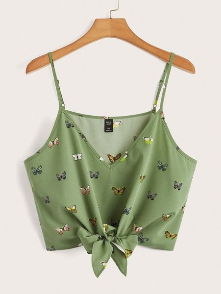 

plus butterfly print knot front cami f4vd#, Black