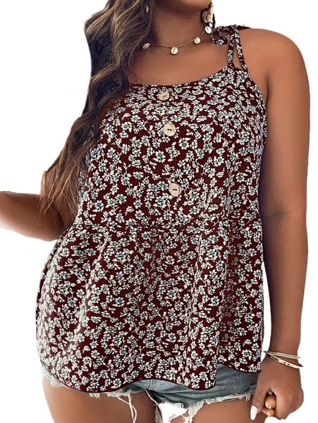 

plus ditsy floral print tie shoulder peplum cami u8ee#, Black