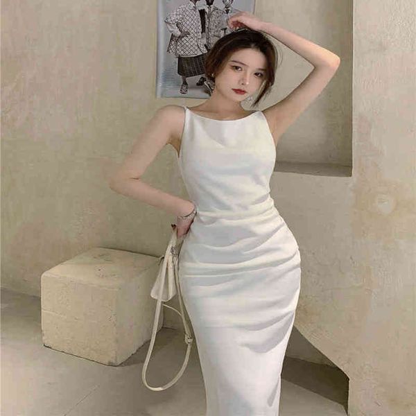 

white spaghetti strap dress womens summer waist robe korean temperament vestidos slimfit dresses for women 210506, Black;gray