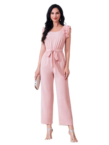 

belted & ruffle trim jumpsuit r4qi#, Black;white