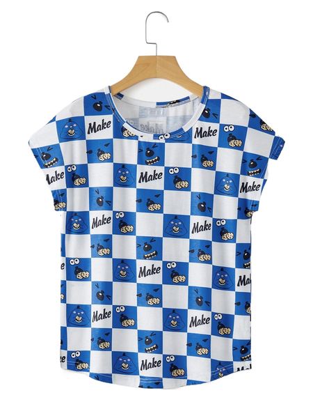 

cartoon and checkerboard print batwing sleeve tee v1gf#, White