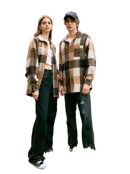 

romwe plaid button front coat 34eo#, Black;brown