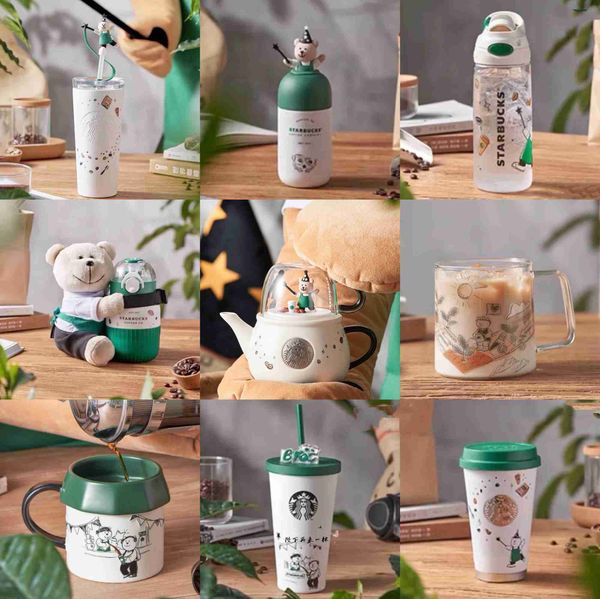 

starbucks cup 2022 coffee magician bear mason straw cup glass ceramic teapot set