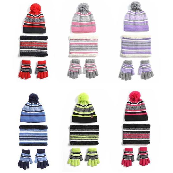 

children kids knitted 3 pcs winter hat scarf and glove set contrast color striped thick plush lined pompom skull cap neck, Red;brown