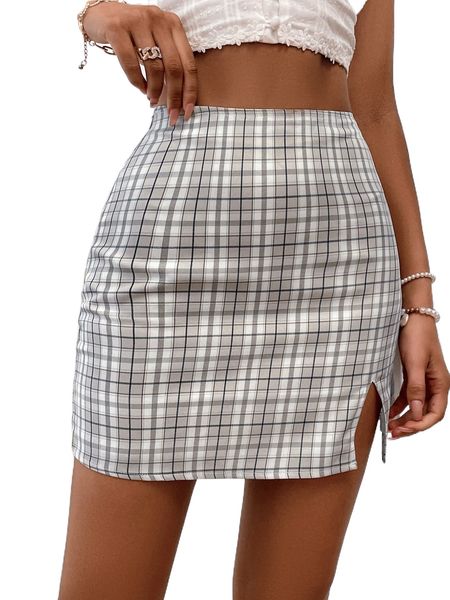 

plaid print split skirt 30nu#, Black