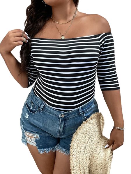

plus striped off shoulder bodysuit p2qx#, Black