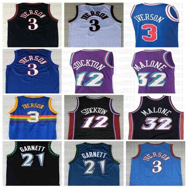 O basquete universitário usa vintage Allen 3 Iverson Jersey Kevin 21 Jerseys de basquete Garnett John 12 Stockton Karl Reggie Malone Miller Stitched