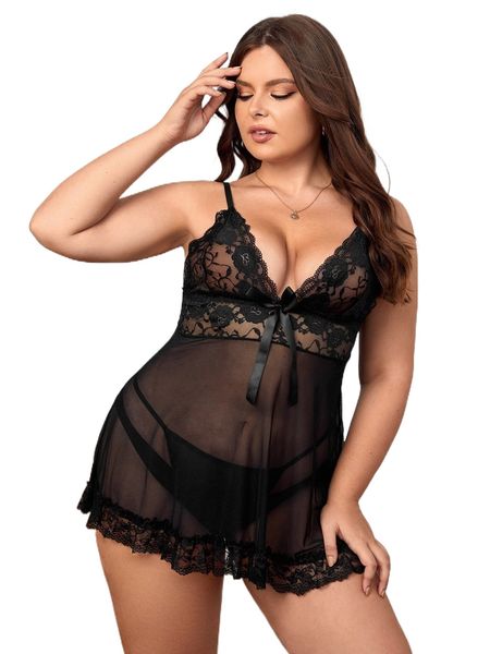 

plus lace insert bow front mesh slips & thong h59y#, Black;white