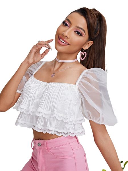 

contrast organza puff sleeve layered hem i7pa#, White