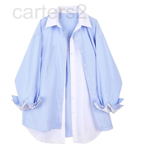

women's blouses & shirts designer mingmei factory fake two shirts women's long sleeved autumn design stripe stitching casual shirt, White