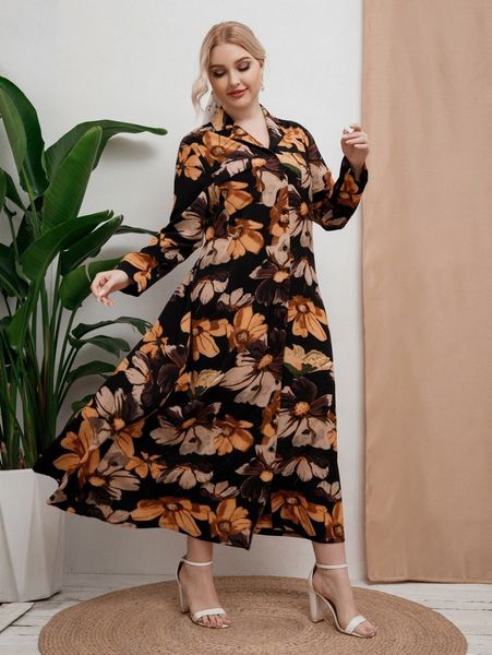 

plus floral print button front dress s7yp#, Black