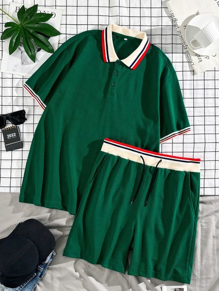 

men contrast striped collar polo shirt & drawstring waist shorts k31a#, Gray