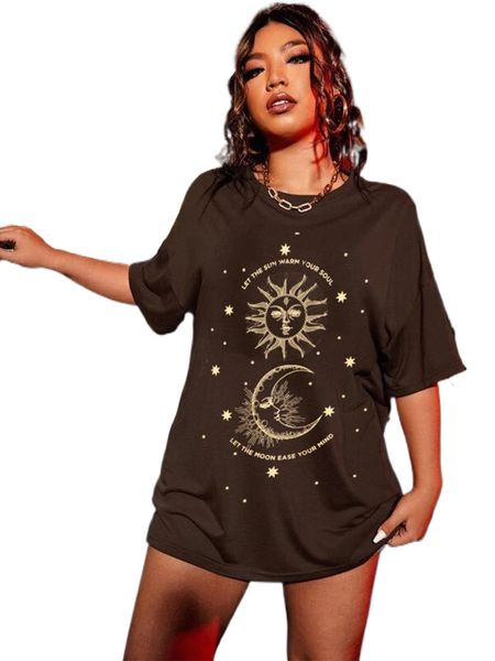 

plus slogan & sun print drop shoulder oversized tee h60j#, Black