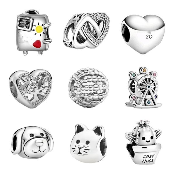 Novo popular 925 Sterling Silver Hug Cactus Ferris Wheel Dog Cat Cross Fit Charm Bread Bracelet Pandora Diy Jóias