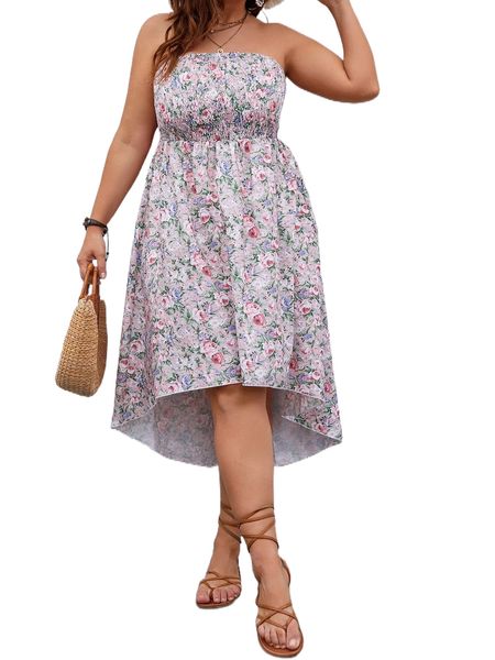 

plus floral print shirred high low hem tube dress 09fr#, Black