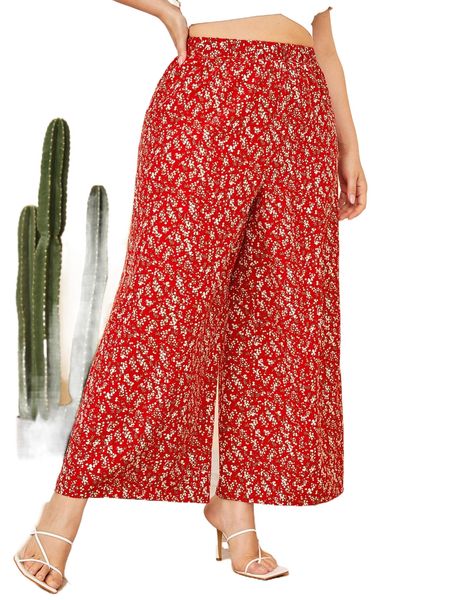 

plus ditsy floral print wide leg pants a2v7#, Black