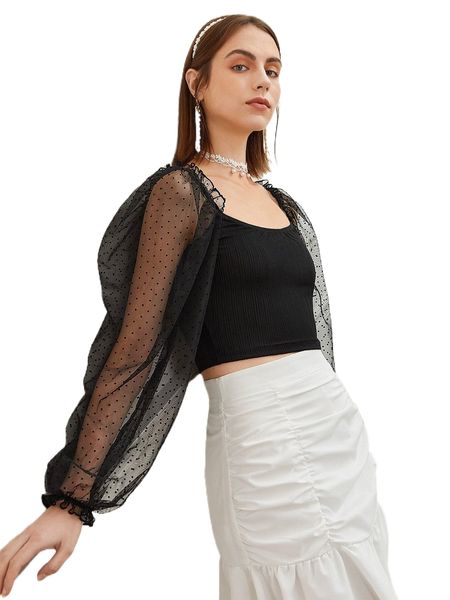

contrast dobby mesh lantern sleeve crop u1vp#, White