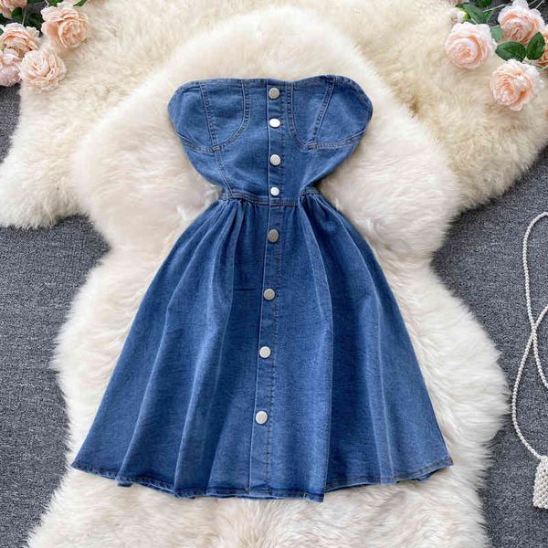 

casual dresses girl off shoulder strapless denim dress small man slim in summer with a-line skirt inside the fold 1blp, Black;gray