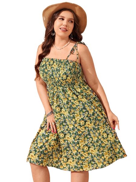 

plus allover floral print shirred tie shoulder cami dress q8dk#, Black