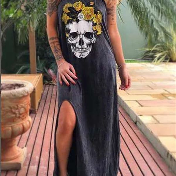 

2020 summer dress women casual punk loose short sleeve skull print female dress streetwear side high split flower female vestido cx200701, Black;gray