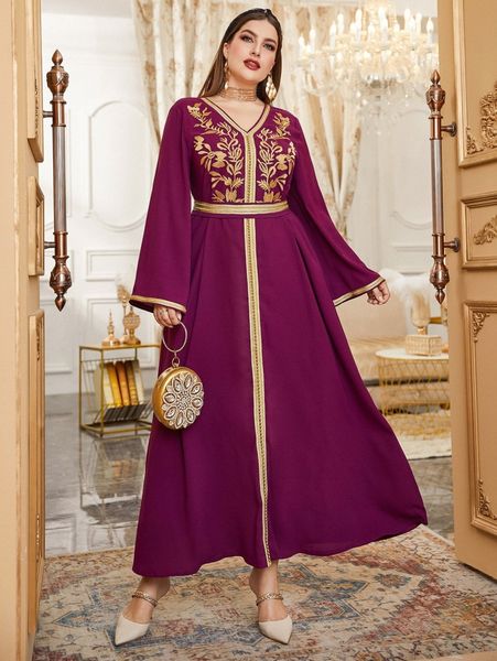 

plus flower embroidered trumpet sleeve belted dress x2s6#, Black