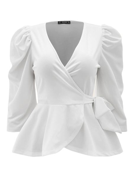 

plus puff sleeve wrap belted peplum e2ju#, Black