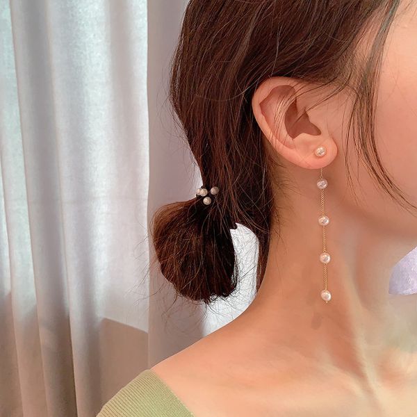 

925 silver needle south korea dongdaemun temperamental pearl stud earrings hanging earrings womens long suitable for round face eardrop, Golden