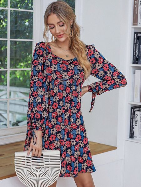 

floral print knot cuff dress 86gw#, Black;gray