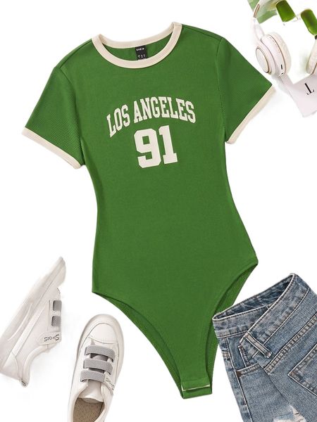 

letter graphic contrast binding bodysuit f4eb#, White