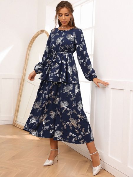 

fan & floral print lantern sleeve layer hem belted dress w0ii#, Black;gray