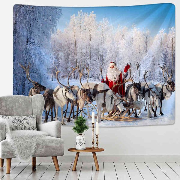 Natal Art Wall pendurado tapeçarias Papai Noel e Neve Christmas Deer Background Room Decoração do Presente J220804