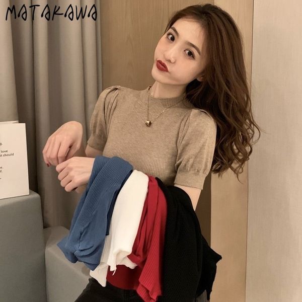 

summer puff sleeve knitting sweater slim shortsleeved women pullover knitted shirt crop woman 210506, White;black