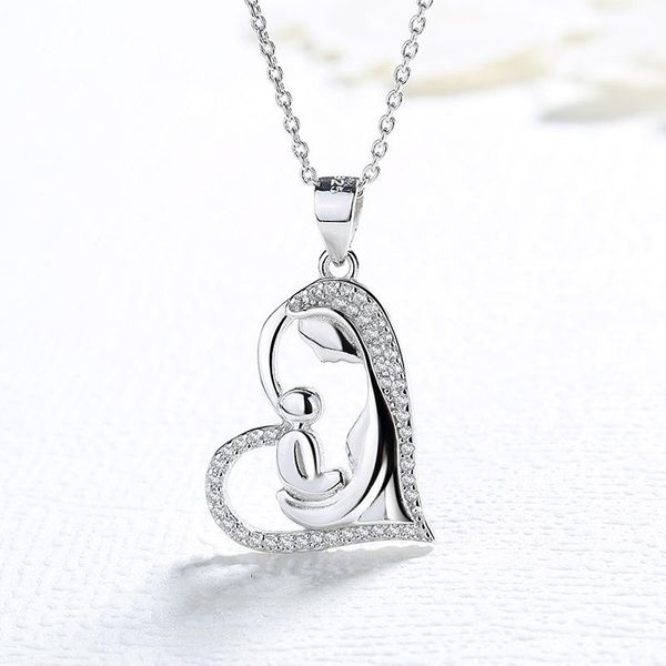 Ketten Halskette für Frauen Silber 925 Sterling Mutter und Kind Herz Liebe Anhänger SchmuckKetten