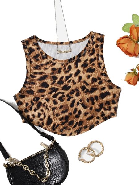 

leopard print curved hem tank s2ko#, White