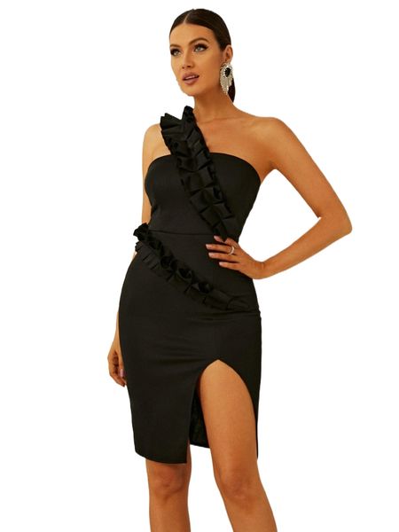 

missord one shoulder frill trim split hem bodycon dress n2r6#, Black;gray