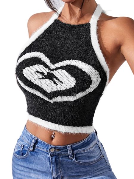 

heart pattern tie backless halter fuzzy knit i1ai#, White;black