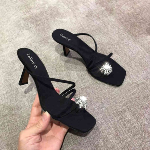 

sandals high heeled sandals women's thin heels summer mesh red crystal pearl clip toe lazy half drag middle 48er, Black