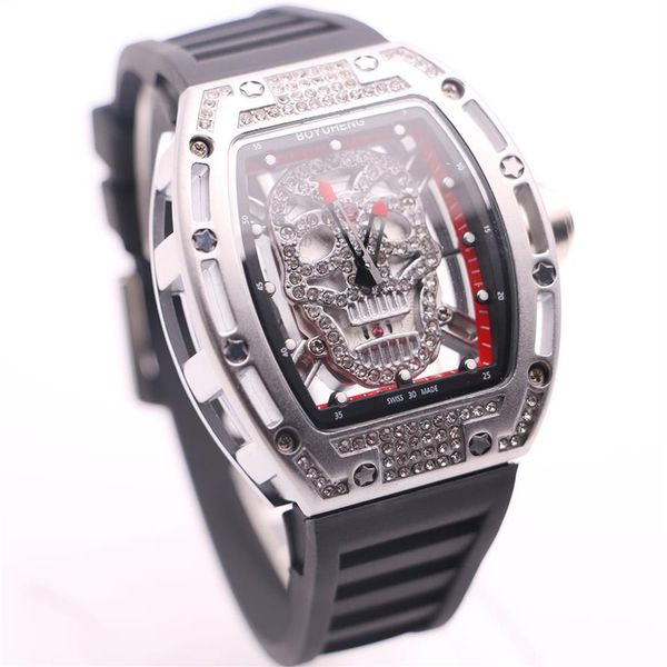 

special style boyuheng quartz baterry 43mm diamond hollow skull skeleton dial mens watches transparent movement tonneau hardlex wr300h, Slivery;brown