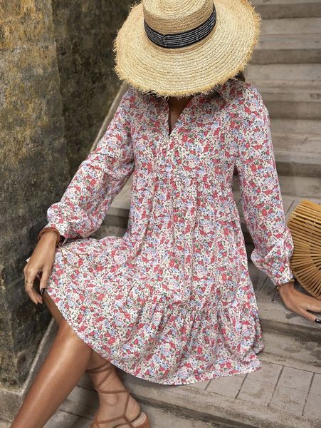 

ditsy floral print ruffle hem smock dress a6si#, Black;gray